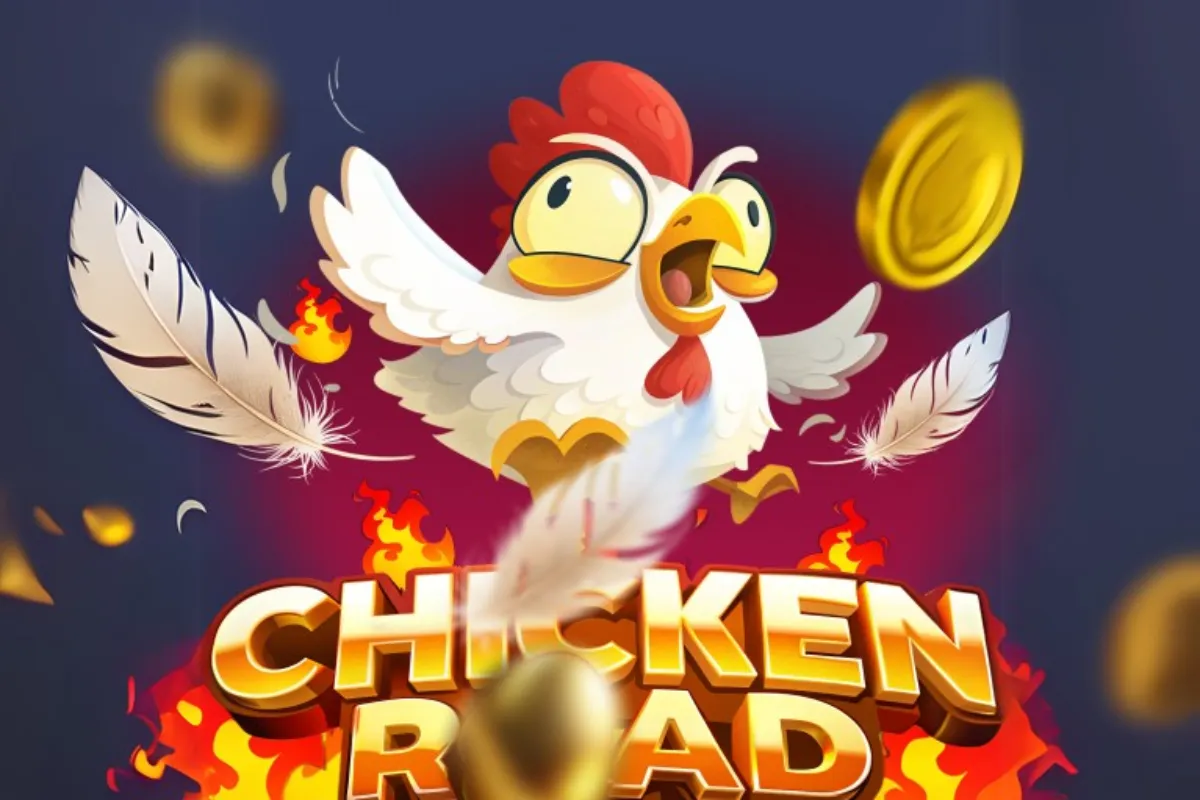 Chicken mascot flying through coins and feathers