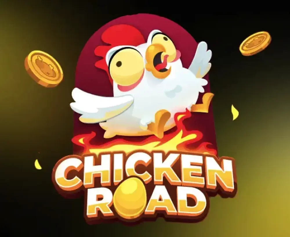 Chicken roll game key art with the mascot standing over flames