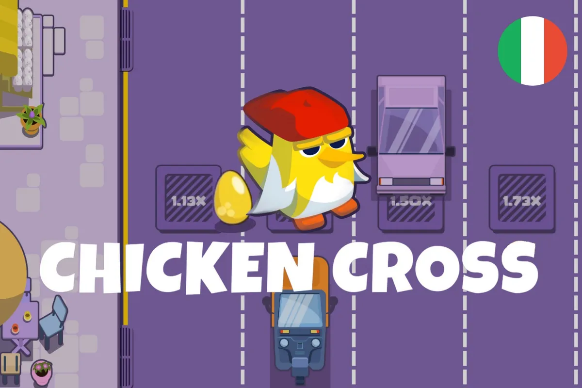 Chicken carrying a golden egg between two lanes of traffic